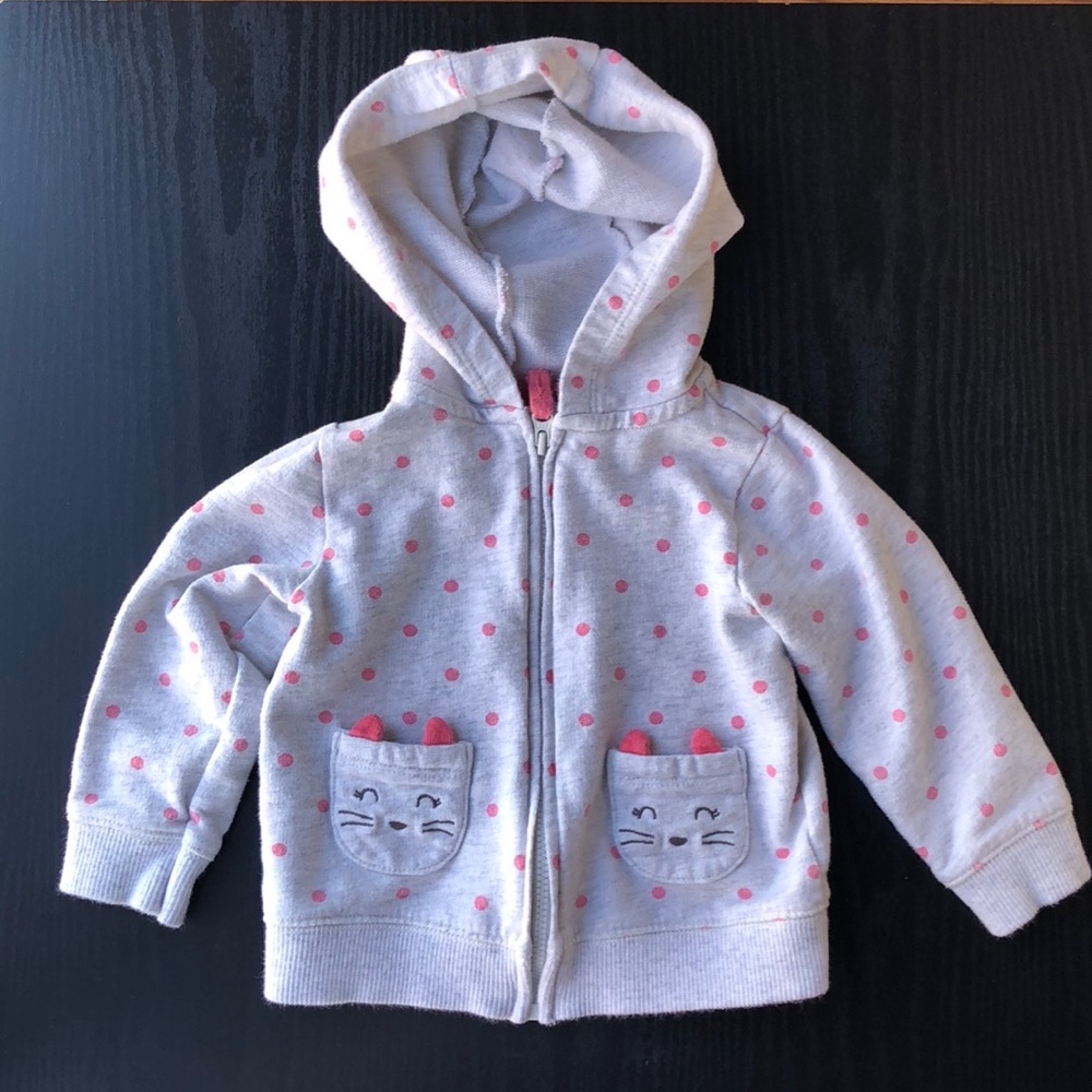 Gray/coral pink polka dot zip jacket cat pockets
